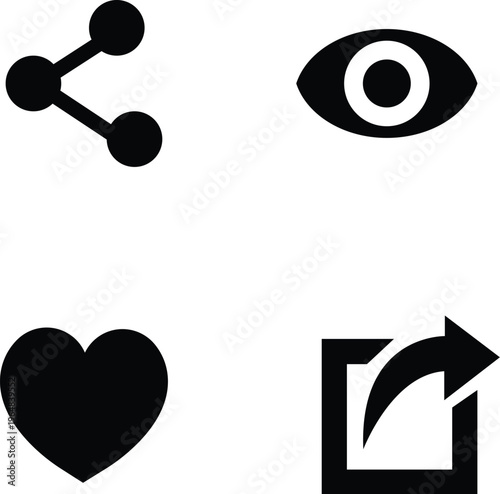 black icons of link, eye, heart, and arrow on white background