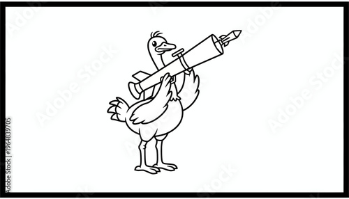 Funny cartoon chicken holding a rocket launcher, ready to launch