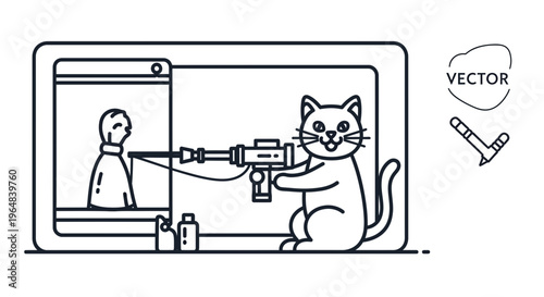 Funny cat plays video game, aiming toy gun at screen character