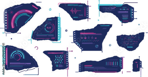 Futuristic HUD panels vector set with neon interface elements, sci fi dashboards, digital screens and cyberpunk UI components for technology design