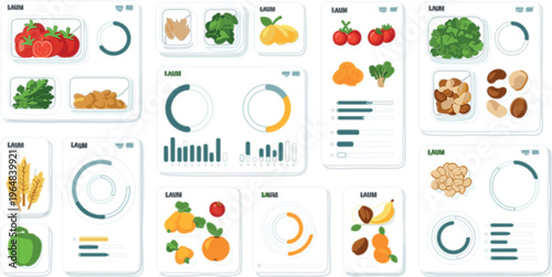 Food nutrition dashboard vector with fruits, vegetables, grains and nuts, healthy diet analytics panels and modern infographic interface design