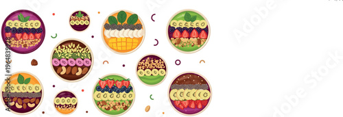 Colorful smoothie bowls vector set with fruits, granola, seeds and superfoods, healthy breakfast and vegan nutrition illustration in flat style