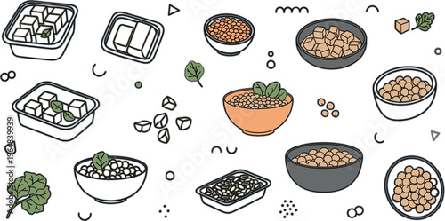 Plant based protein foods vector set with tofu, lentils, legumes and grains, healthy vegan nutrition ingredients in minimal outline illustration style