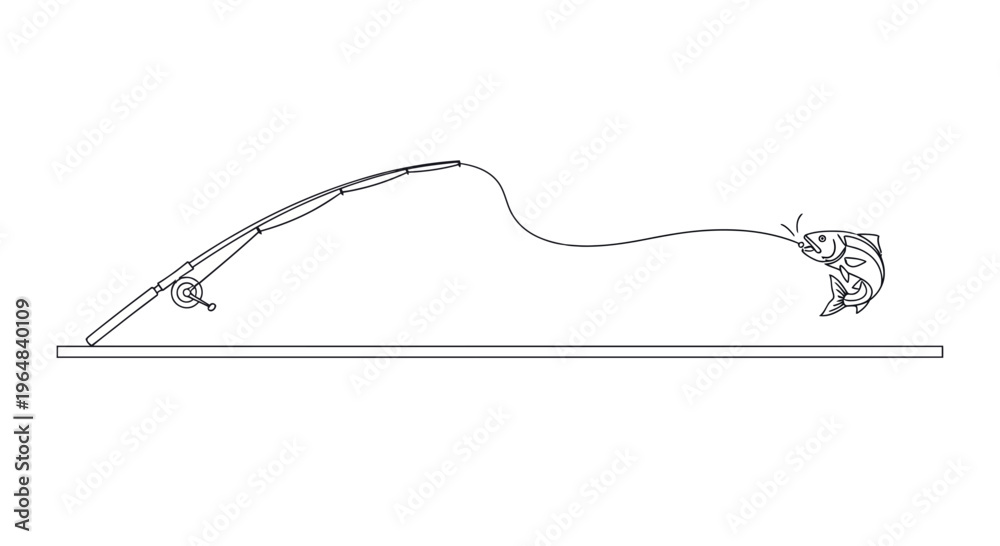 Fototapeta premium Minimalist black and white line art illustration of a fishing rod with a lively fish caught on the