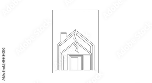 Single continuous line drawing of a distressed house with a central structural crack symbolizing