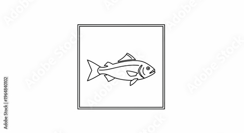 Minimalist aquatic life outline drawing: a simple fish illustration encased in a clean square