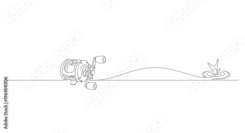 Continuous line art of fishing reel with lure creating splash in water activity concept