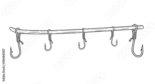 Hand-drawn illustration of rustic fishing hooks rigged on a simple wooden branch for traditional