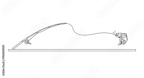 Minimalist black and white line art illustration of a fishing rod with a lively fish caught on the