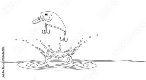 Dynamic line art illustration of a fishing lure actively emerging from water with vibrant splash