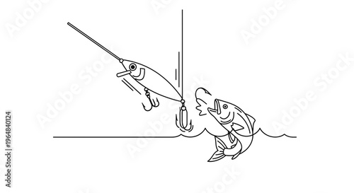 Dynamic monochrome line art capturing a fish leaping from water to strike a fishing lure