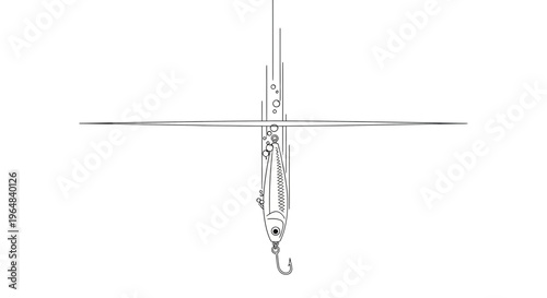 Minimalist monochrome illustration of a fishing lure descending through a clear water surface