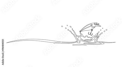 Dynamic Continuous Line Art of Fishing Lure Splashing into Water creating ripples