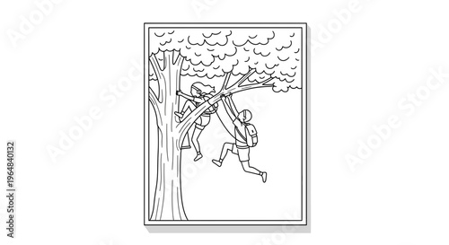 Joyful outdoor tree climbing adventure featuring two energetic individuals exploring nature