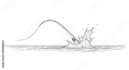 Dynamic fishing scene illustration capturing the exciting moment of a rod bending with a vigorous