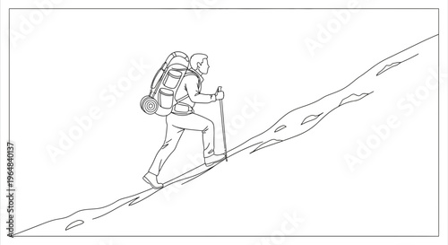 Minimalist Line Art Depiction of a Determined Hiker Ascending a Challenging Mountain Path