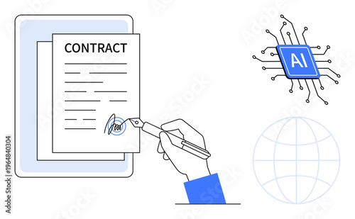 Digital agreements, AI development, global business, electronic signatures, innovation in contracts, remote work. A hand signing a contract near an AI chip and a global icon. Digital agreements