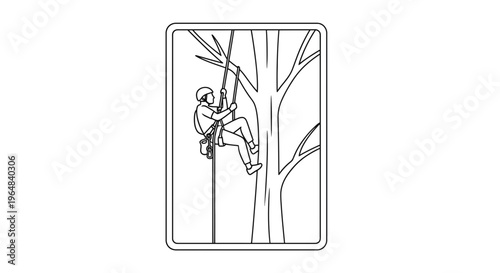 Arborist climbing tree with ropes and harness, outdoor activity, nature, adventure