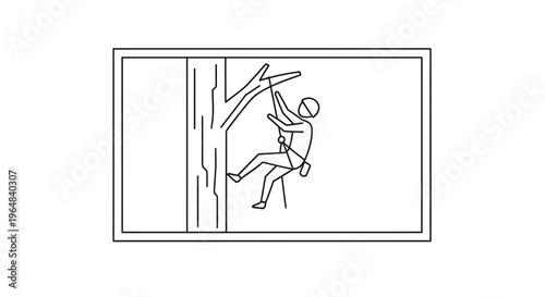 Arborist climbing tree with rope, safety harness, and equipment, outdoor activity