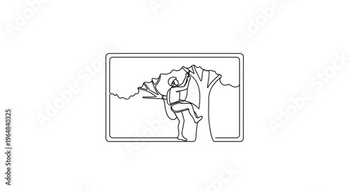 Arborist Climbing Tree with Saw, Outdoor Activity, Nature, Professional Arboriculture