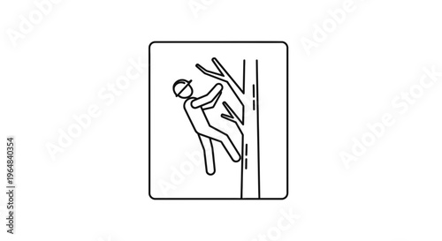 Arborist Climbs Tree, Icon Style, Silhouette of Tree Cutter at Work