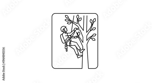Arborist Climbs Tree with Rope, Pruning Branches - Line Art Icon