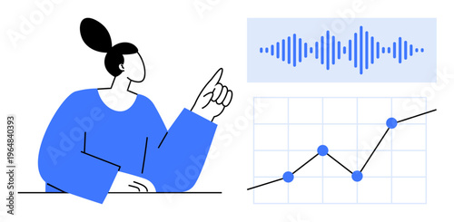 Business analytics concept. Business professional analyzing data with visual graphs, sound waveforms, and trends. Business analytics supports decision-making, data insights, and modern tools. Ideal