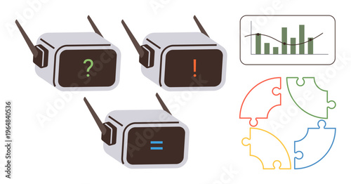Artificial intelligence, data analytics, problem solving, decision-making, technology innovation, teamwork. Three robots with symbols, a bar chart and four-piece puzzle. Artificial intelligence