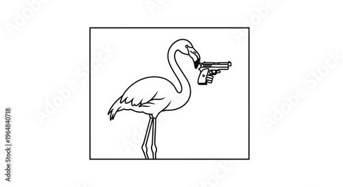 Flamingo Holding Gun, Surreal Cartoon Illustration, Funny Animal Concept