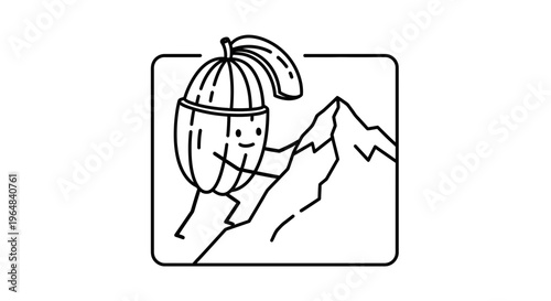 Funny Banana Character Climbing Mountain Peak, Healthy Lifestyle, Adventure, Sports, Success Concept