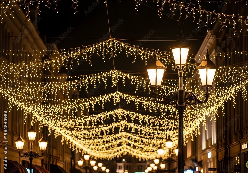 Obraz premium Street decorated with fairy lights at night