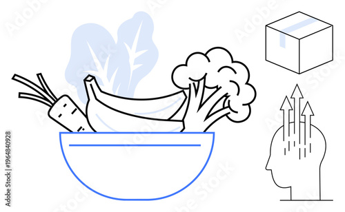 Healthy eating concept. food wellness with a bowl of vegetables and fruits, growth mindset ed by arrows, and packaging food distribution. For lifestyle, nutrition, wellness, food packaging