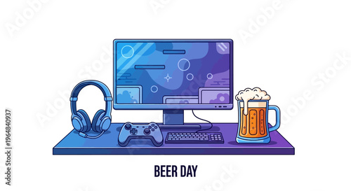 Gaming setup with beer and headset. Vector Illustrations. EPS Editable