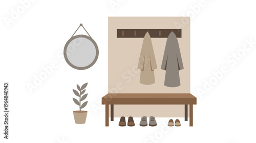 Cozy Hallway Interior with Coat Rack Bench Mirror and Plant. Vector Illustrations. EPS Editable