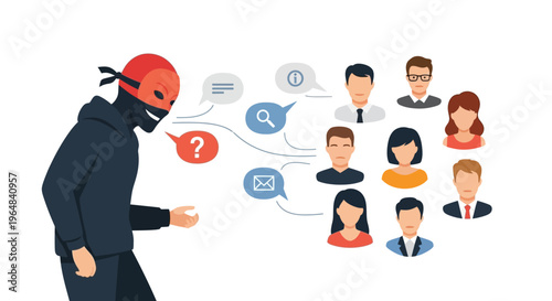 Cybercriminal in mask stealing personal data from people. Vector Illustrations. EPS Editable