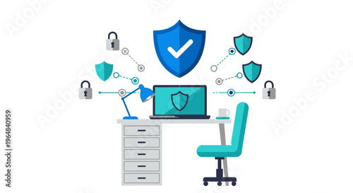 Cybersecurity concept with laptop and shields. Vector Illustrations. EPS Editable