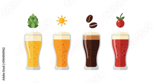 Four Glasses of Different Colored Drinks. Vector Illustrations. EPS Editable