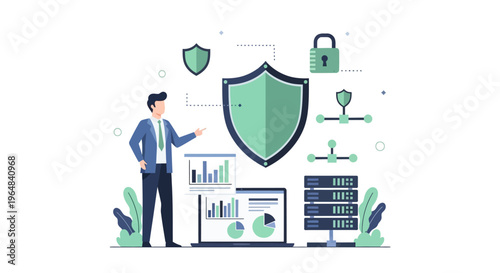 Cybersecurity expert protecting digital assets with data analysis. Vector Illustrations. EPS Editable
