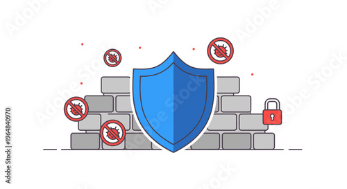 Cybersecurity Firewall Shield Protecting Against Digital Threats and Malware. Vector Illustrations. EPS Editable
