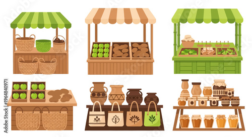 Fresh produce market vendor stalls selling. Vector Illustrations. EPS Editable
