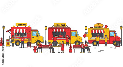 Food trucks parked on the street. Vector Illustrations. EPS Editable