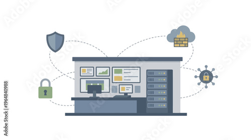 Cybersecurity office with server and protection. Vector Illustrations. EPS Editable