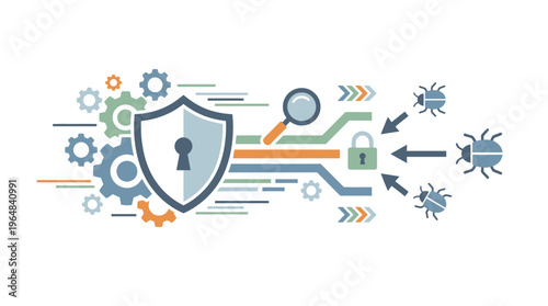 Cybersecurity concept with shield and bugs. Vector Illustrations. EPS Editable