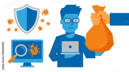 Cybersecurity concept with hacker holding money. Vector Illustrations. EPS Editable