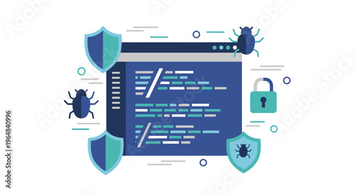 Cybersecurity concept with code shields bugs and padlock. Vector Illustrations. EPS Editable