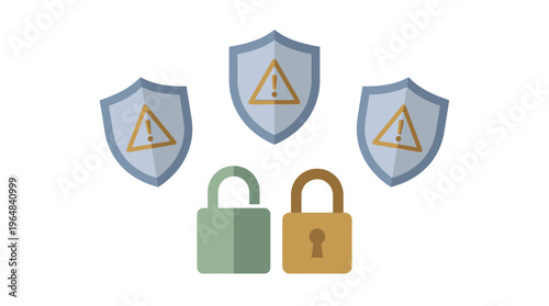Cybersecurity Alert Digital Shields and Padlocks for Data Protection. Vector Illustrations. EPS Editable