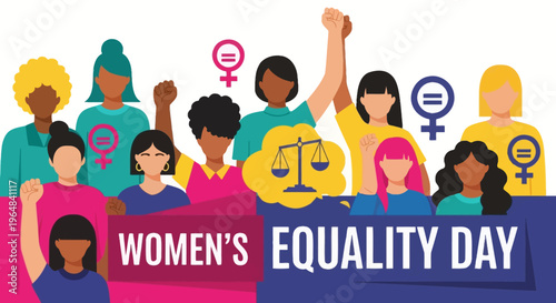 Diverse group of women celebrating Womens Equality Day with raised fists and gender symbols. Vector Illustrations. EPS Editable