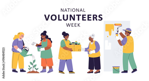 Diverse group of people volunteering together. Vector Illustrations. EPS Editable