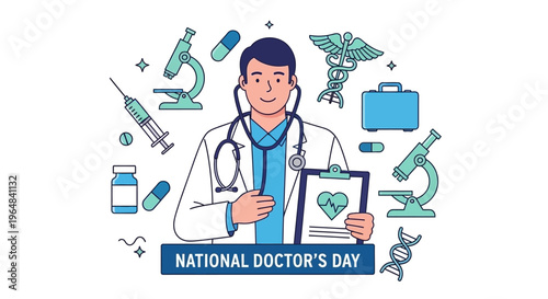 Doctor Holding Medical Clipboard Smiling. Vector Illustrations. EPS Editable