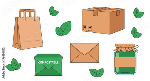 Eco friendly packaging and mail supplies. Vector Illustrations. EPS Editable